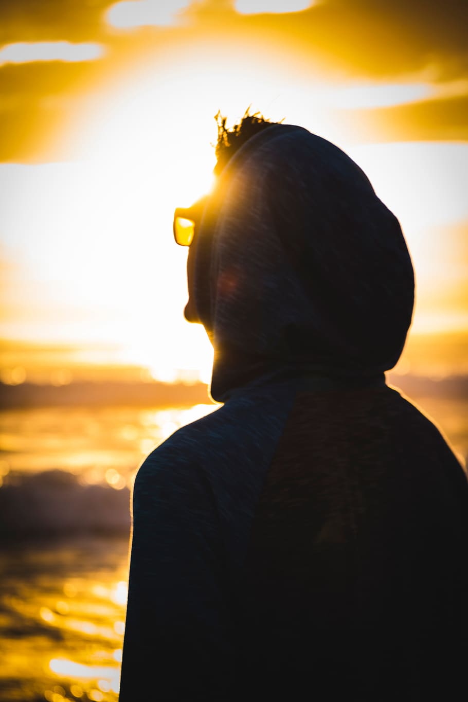 people, man, silhouette, hoodie, jacket, sunset, beach, ocean HD wallpaper