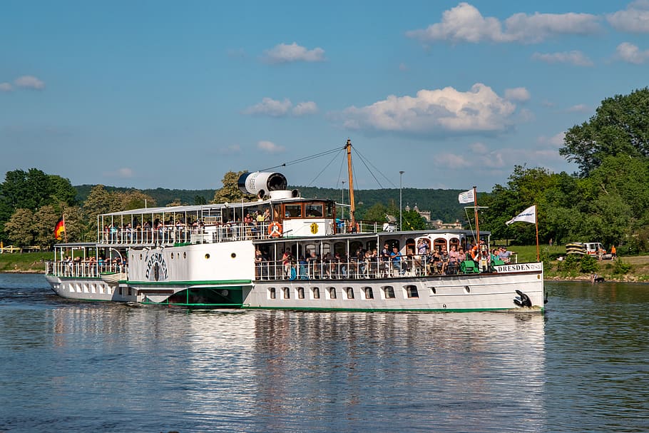 elbe, river, ship, water, nature, dresden, spring, green, trees HD wallpaper