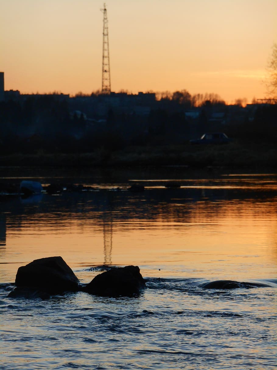 sunset, stones, river, sky, water, orange color, beauty in nature HD wallpaper