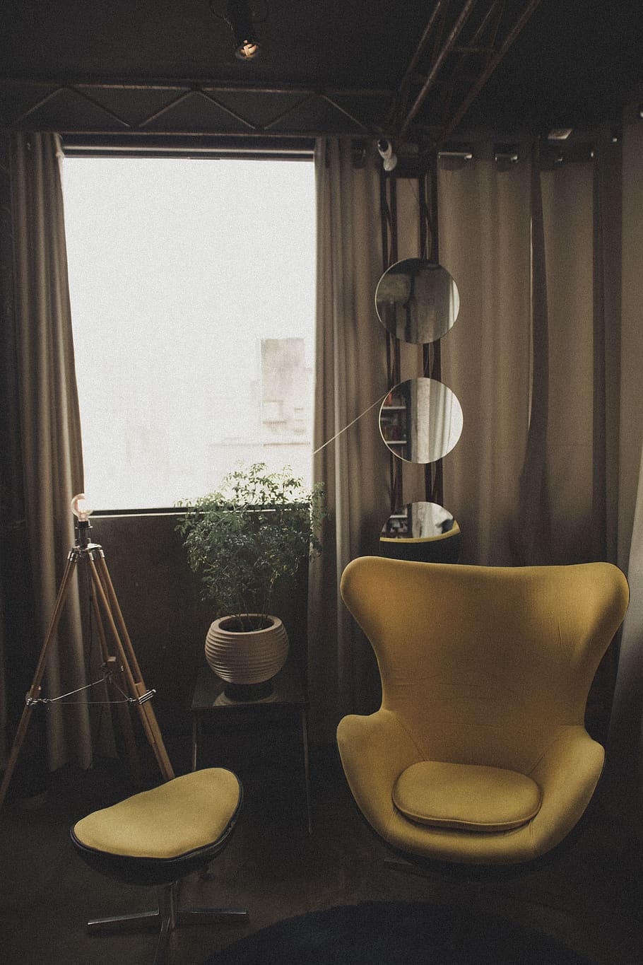 Yellow Chair Near Three Round Mirrors, architecture, color, curtains, HD wallpaper