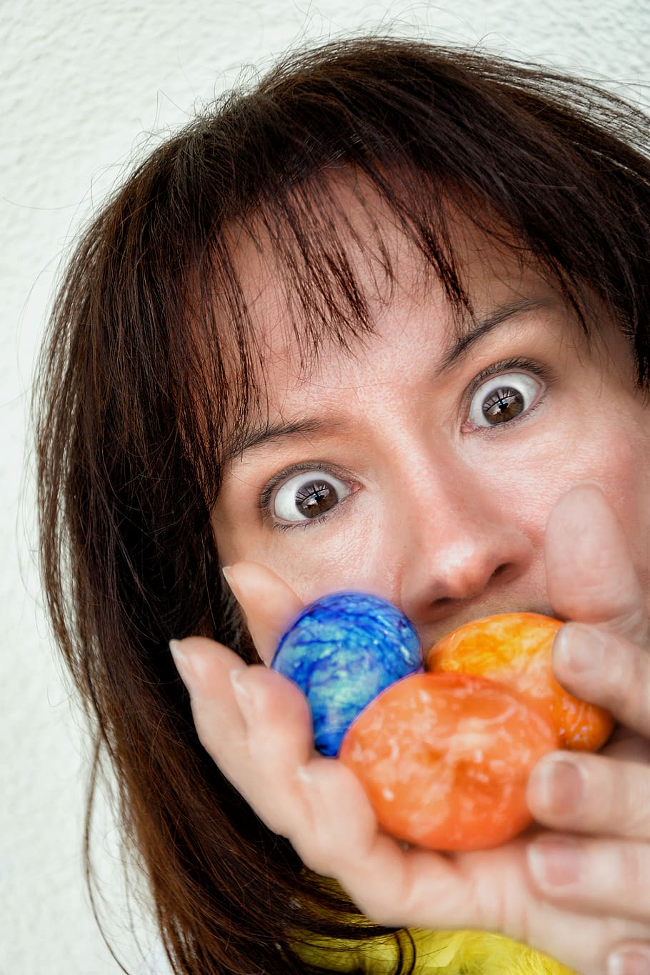 woman, easter, easter eggs, person, funny, colorful eggs, spring HD wallpaper