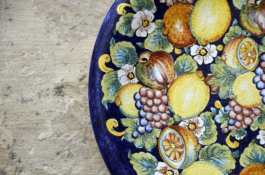 plate, floral, fruit, plateceramic, circle, arc, wall, food HD wallpaper