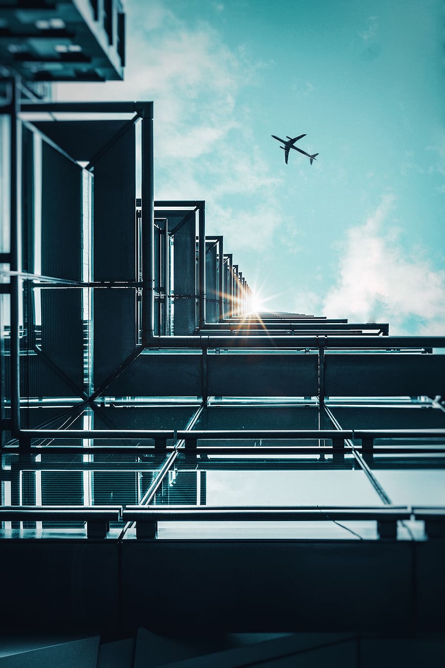 office building, railing, transportation, vehicle, airplane HD wallpaper