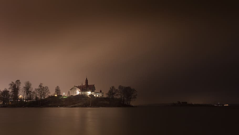 helsinki, finland, island, fog, night, mansion, mist, sea, sky