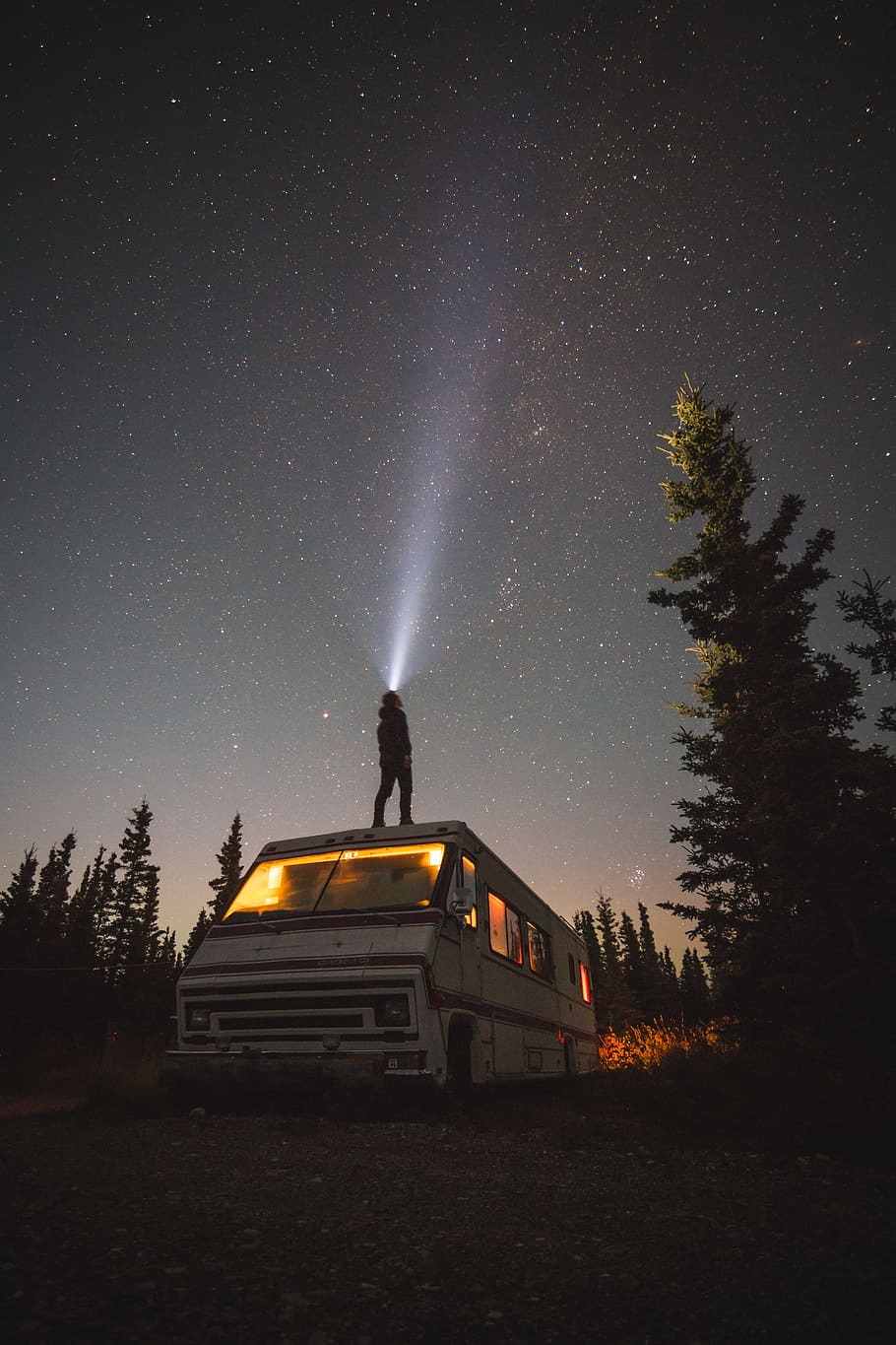 white van, man, forest, nature, astrophotography, long exposure, HD wallpaper