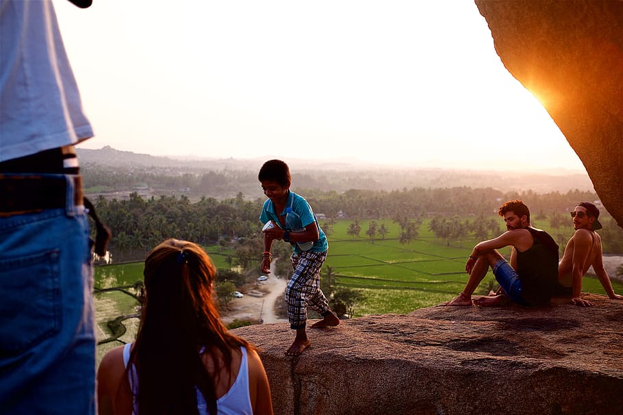 india, hampi, sunset, boulder, rock, chai, tea, jump, tourist HD wallpaper