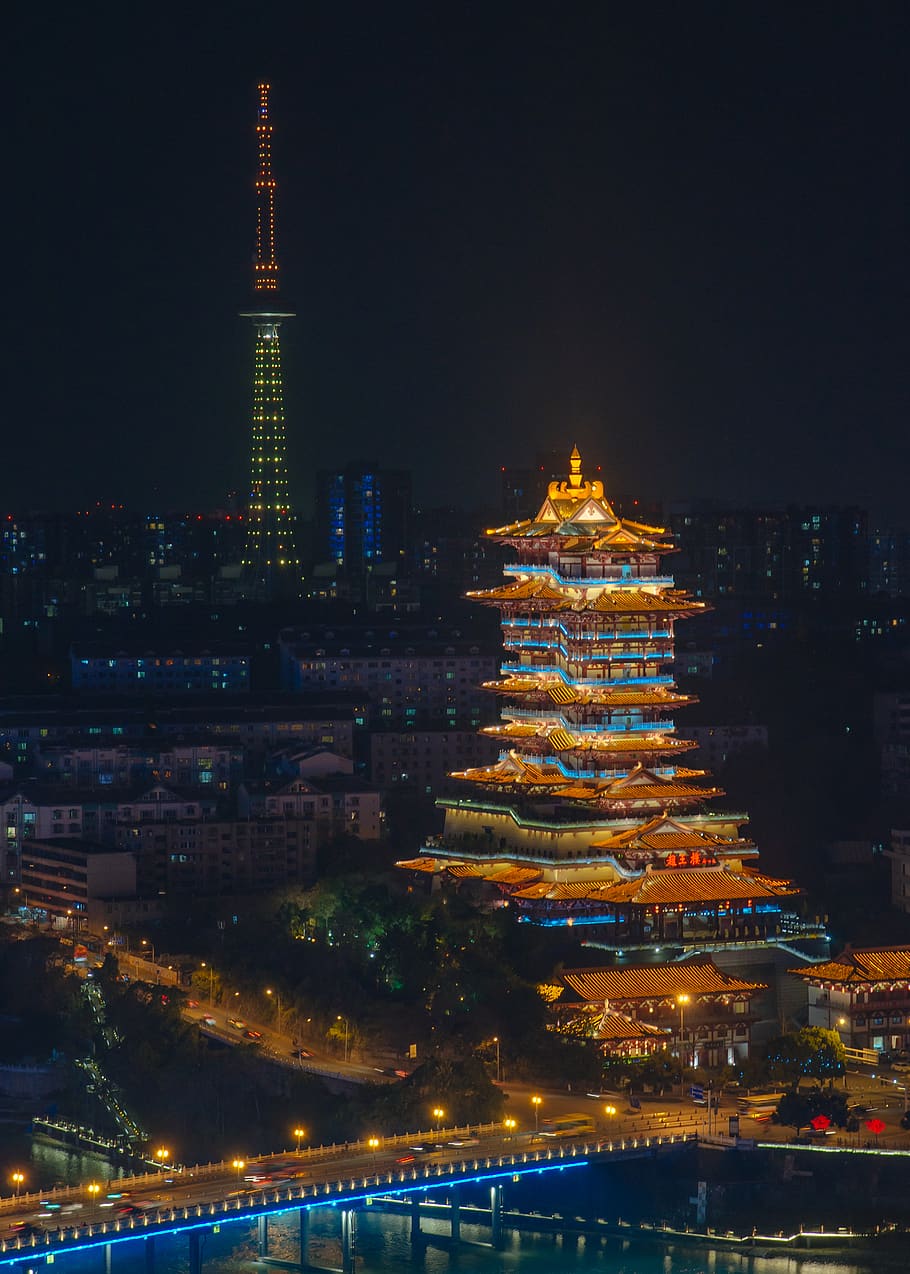 lighted highrise building during night time, architecture, tower HD wallpaper
