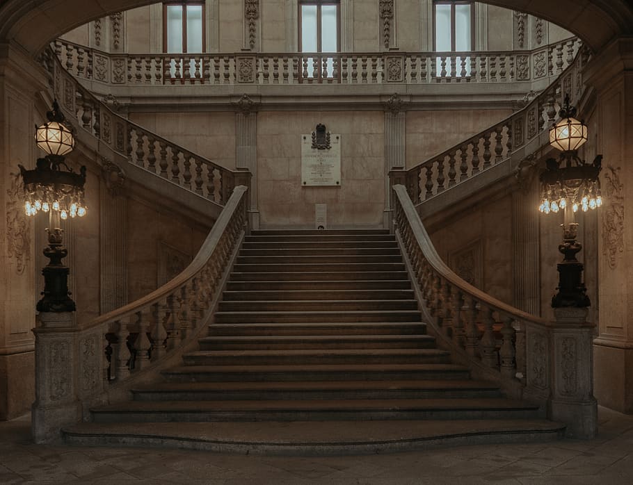 staircase, banister, handrail, porto, portugal, palace, darkness