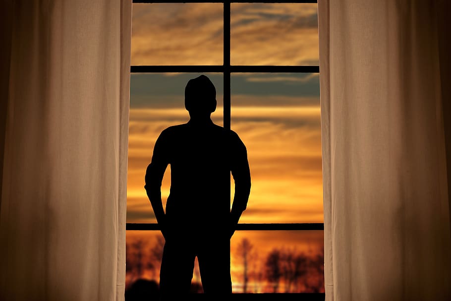 view, window, curtain, sunset, hope, man, outlook, distant HD wallpaper
