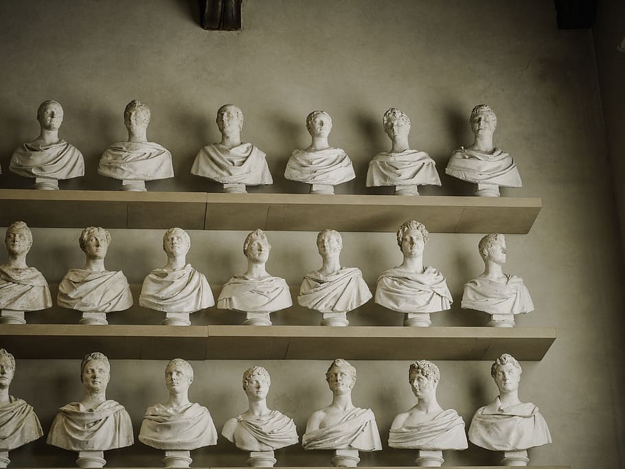 white bust collection, human representation, indoors, in a row HD wallpaper