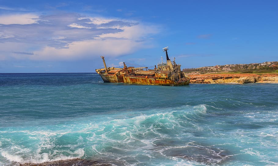 shipwreck, sea, clouds, boat, rusty, aged, weathered, rough sea
