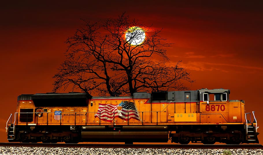 sunset, train american, tree, soiree, sky, twilight, silhouette HD wallpaper