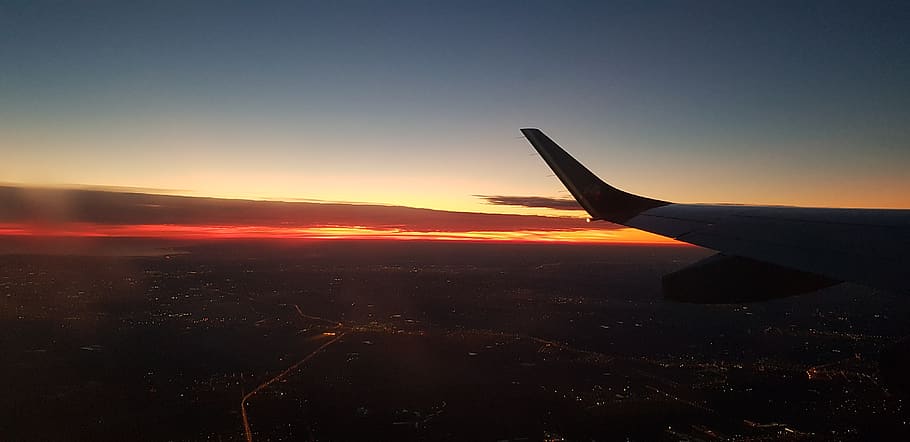 airplane, horizon, sunset, aircraft wing, air vehicle, transportation HD wallpaper