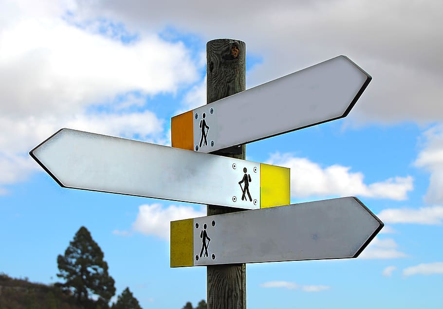directory, away, hiking, direction, arrow, sky, waymarks, fork HD wallpaper