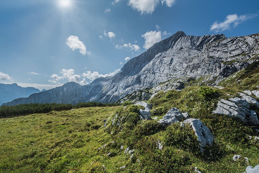 Gray Rock Mountain, adventure, blue sky, clouds, daylight, grass HD wallpaper
