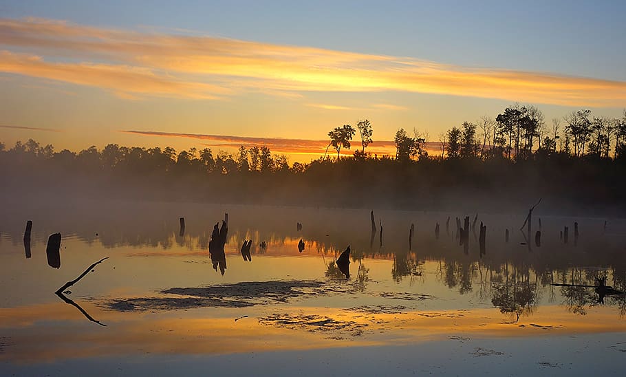 sunset, lake, landscape, sky, fog, astotin, alberta, canada HD wallpaper