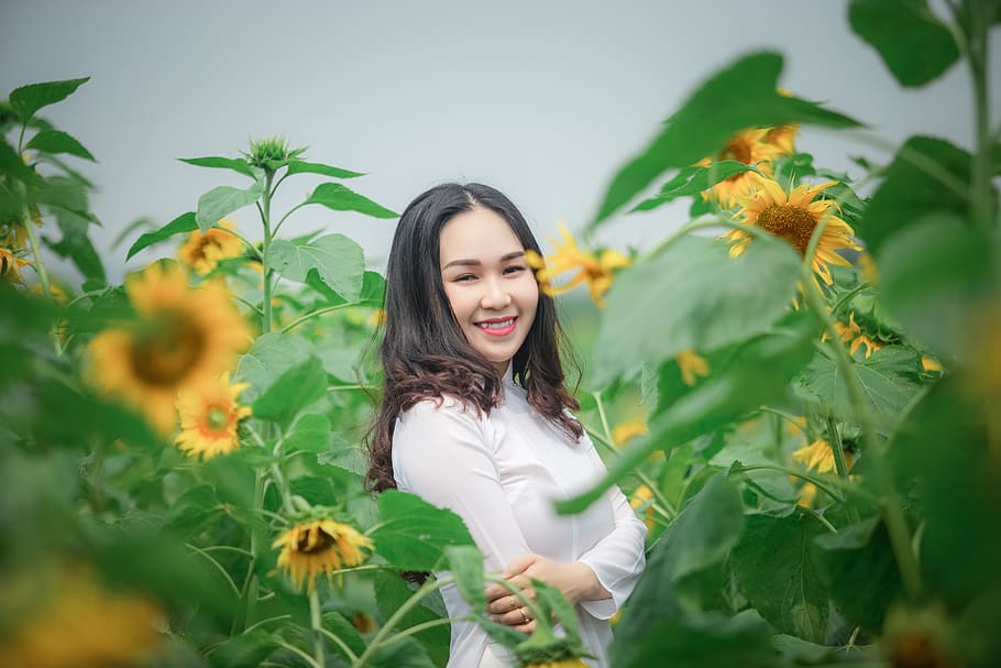 Woman Wearing White Shirt Standing Near Sunflower Field While Smiling, HD wallpaper