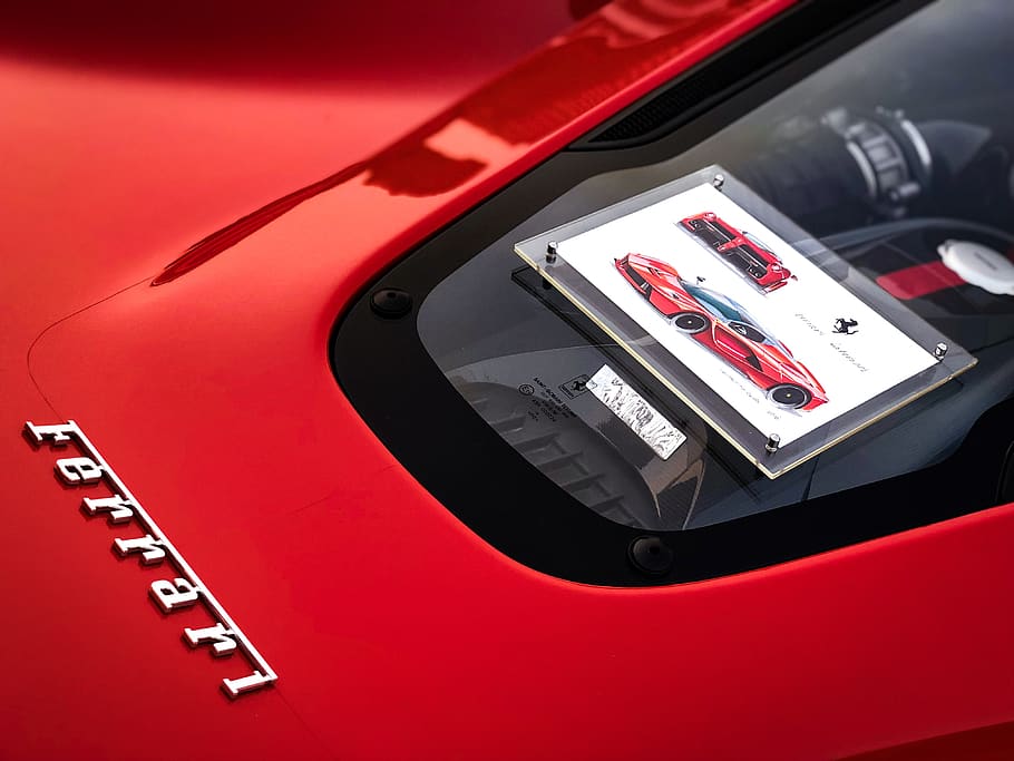Ferrari emblem, red, car, motor vehicle, transportation, mode of transportation HD wallpaper