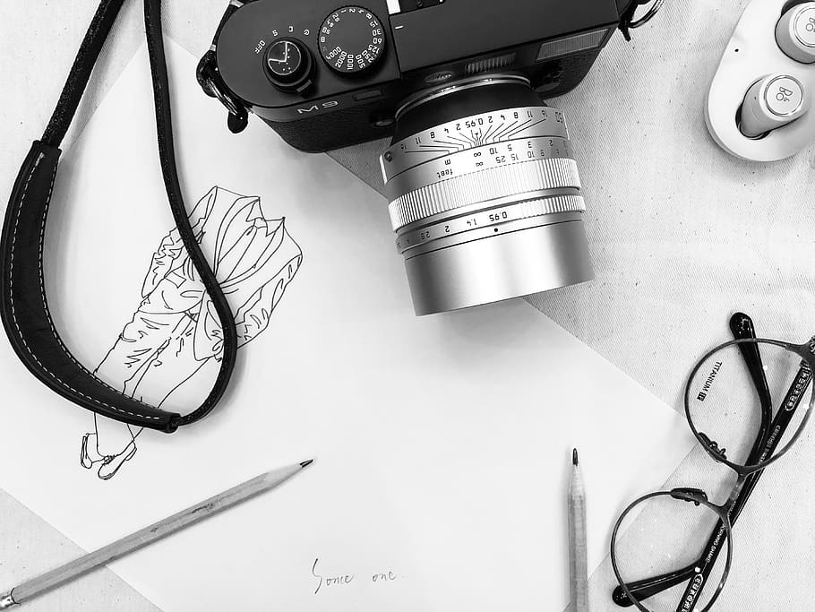 black and gray SLR camera, indoors, high angle view, still life HD wallpaper