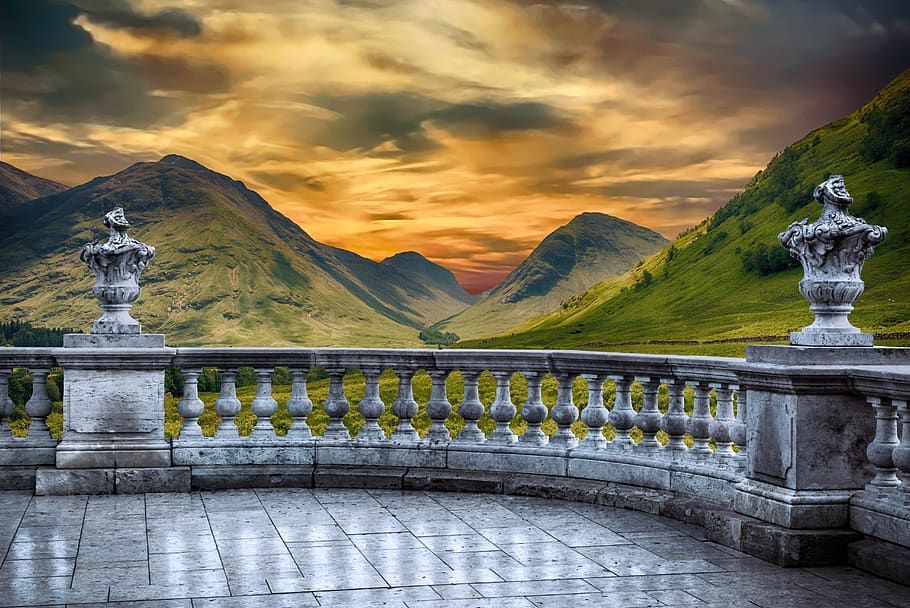 sunset, mountains, sky, cloud - sky, sculpture, art and craft HD wallpaper
