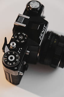 black Zenit DSLR camera on white surface, electronics, digital camera HD wallpaper