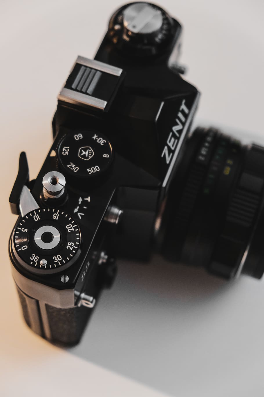 black Zenit DSLR camera on white surface, electronics, digital camera HD wallpaper