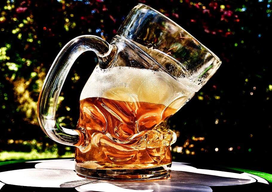 beer, beer glass, deformed, bent, funny, beer garden, light beer, HD wallpaper