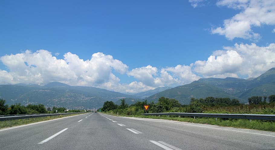 road, sky, landscape, clouds, panorama, travel, highway, path HD wallpaper