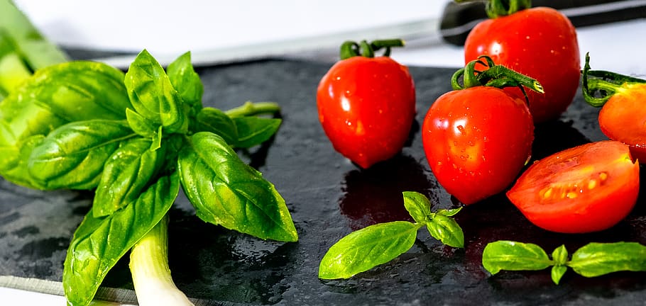 germany, moers, basil, vegetable, tomato, tomatos, onion, cut HD wallpaper
