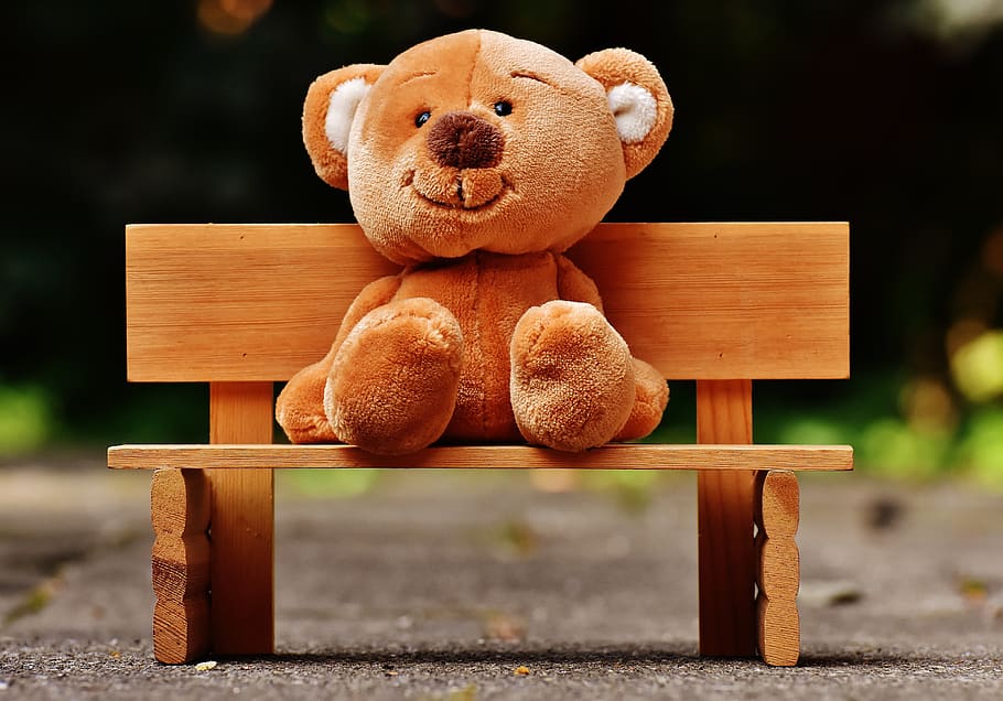 Brown Bear Plush Toy Sitting on Wooden Bench, blur, child, children HD wallpaper