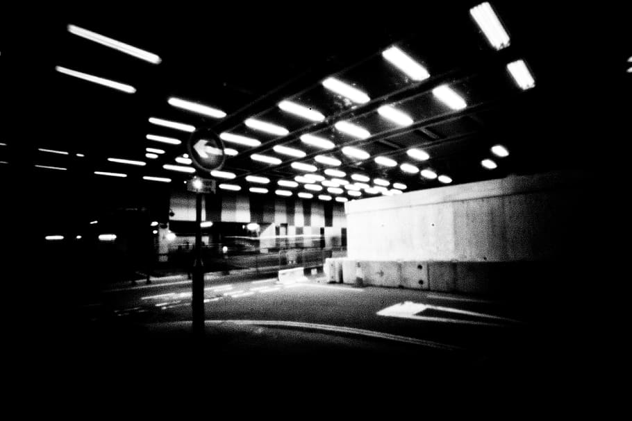 underpass, light, light trail, black, white, works, road works HD wallpaper