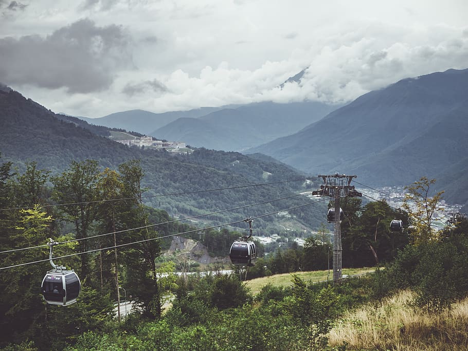 Green Leafed Trees, altitude, cable cars, clouds, cloudy, daylight HD wallpaper