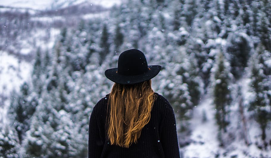 woman, forest, black hat, jacket, cold, snow, winter, pinetrees