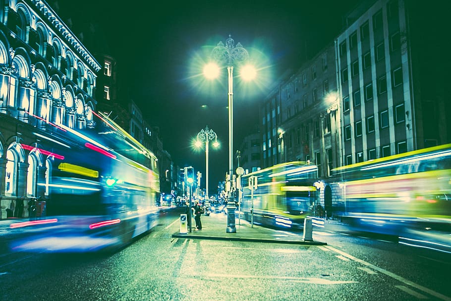ireland, dublin, bus, night, trails, blurred motion, illuminated HD wallpaper