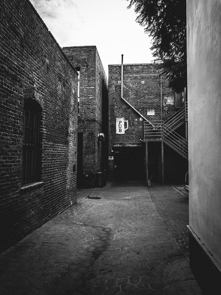 grayscale photography of alley with brick buildings, urban, street