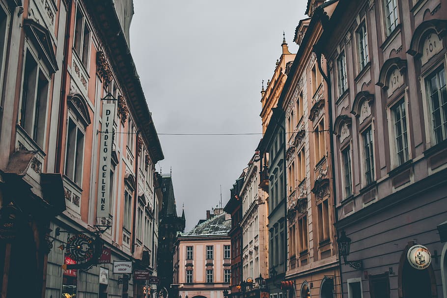 city buildings, walkway, path, urban, town, metropolis, prague HD wallpaper
