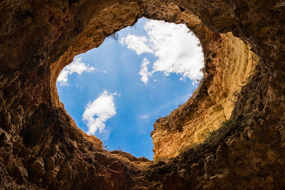 hole, cave, sky, clouds, cloud - sky, nature, no people, rock - object HD wallpaper