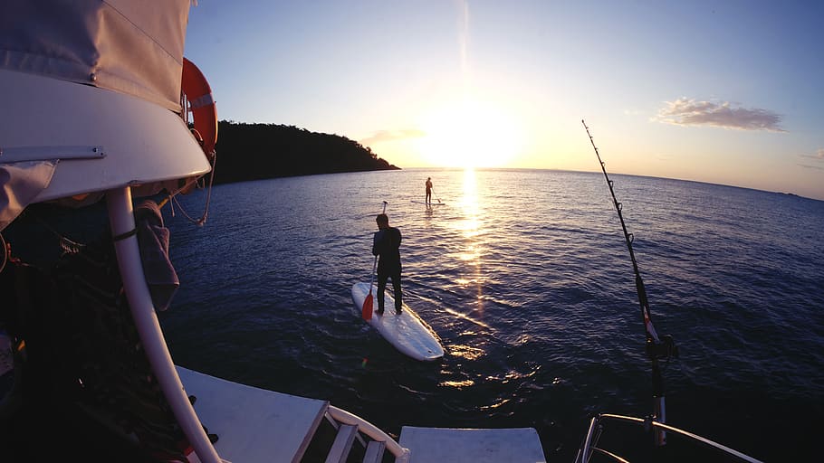 australia, whitsunday island, ocean, sunset, paddle, calm, board, HD wallpaper