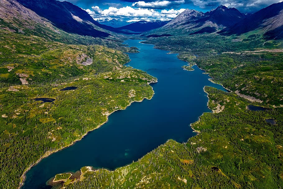 Aerial View Photography of River, clouds, daylight, grass, landscape HD wallpaper