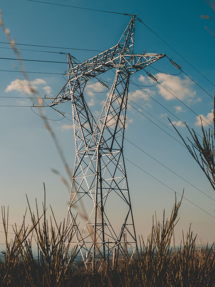 gray power line under blue sky, fuel and power generation, electricity HD wallpaper