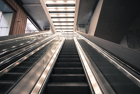 Gray and Black Escalator, architecture, ceiling, city, glass HD wallpaper