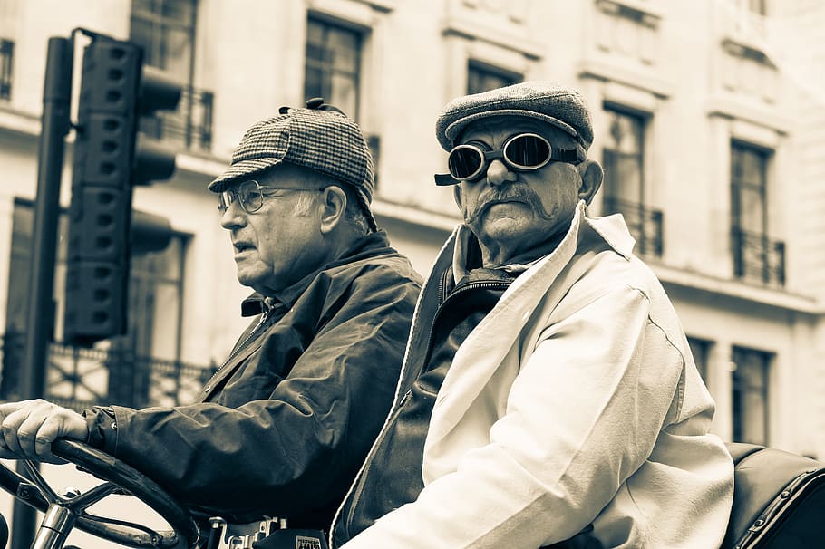 two men in classic car, person, human, apparel, clothing, accessory HD wallpaper
