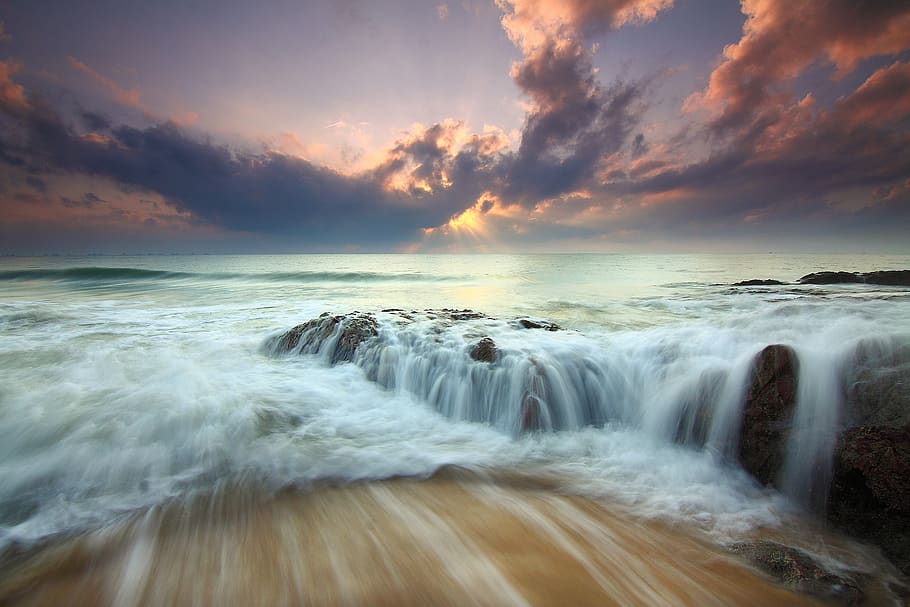 Large Body of Water during Sunset, beach, clouds, cloudy, coast HD wallpaper