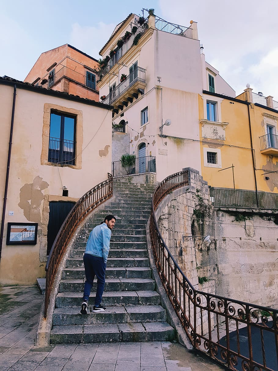 man walking on concrete stairs, architecture, built structure HD wallpaper