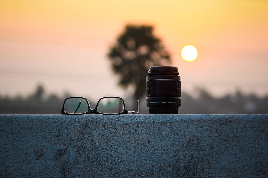 Black Camera Lens and Eyeglasses, canon, dawn, eyewear, landscape HD wallpaper