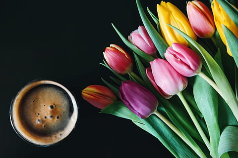 tulips, spring, flowers, coffee, black table, texture, wallpaper HD wallpaper