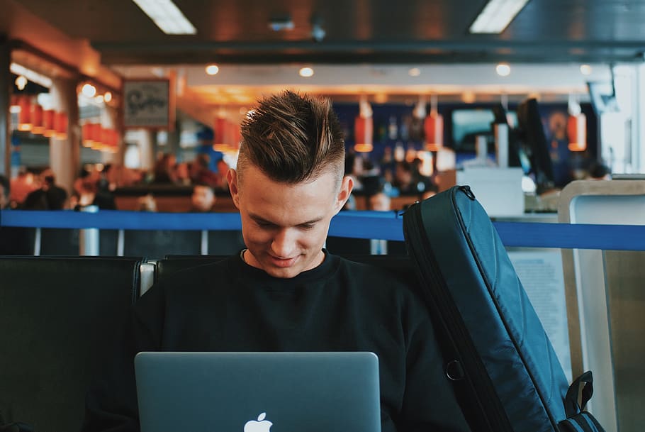 person, human, laptop, computer, electronics, pc, worker, man in airport HD wallpaper
