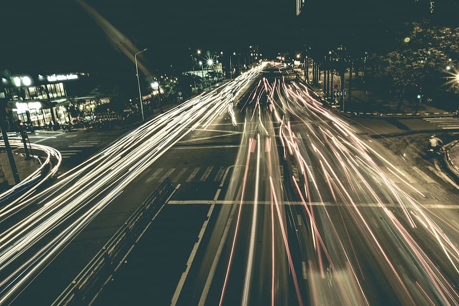 night, illuminated, motion, city, transportation, long exposure HD wallpaper
