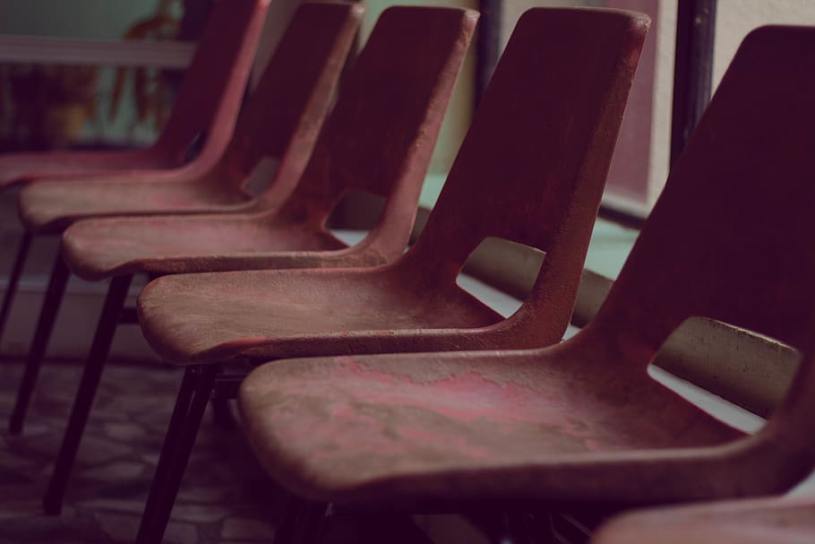 several red metal chairs, furniture, waiting room, indoors, row HD wallpaper