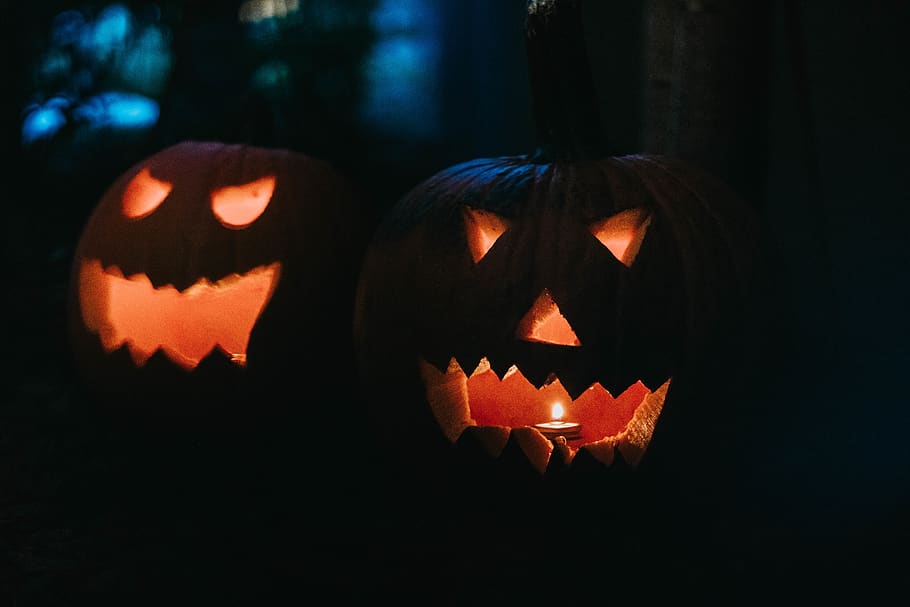 two lighted jack-o'-lanterns, flora, food, vegetable, squash HD wallpaper